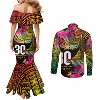 Personalised Vanuatu Independence Day 30 July Couples Matching Mermaid Dress and Long Sleeve Button Shirt Hibiscus Polynesian Pattern DT02 - Polynesian Pride