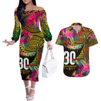 Personalised Vanuatu Independence Day 30 July Couples Matching Off The Shoulder Long Sleeve Dress and Hawaiian Shirt Hibiscus Polynesian Pattern