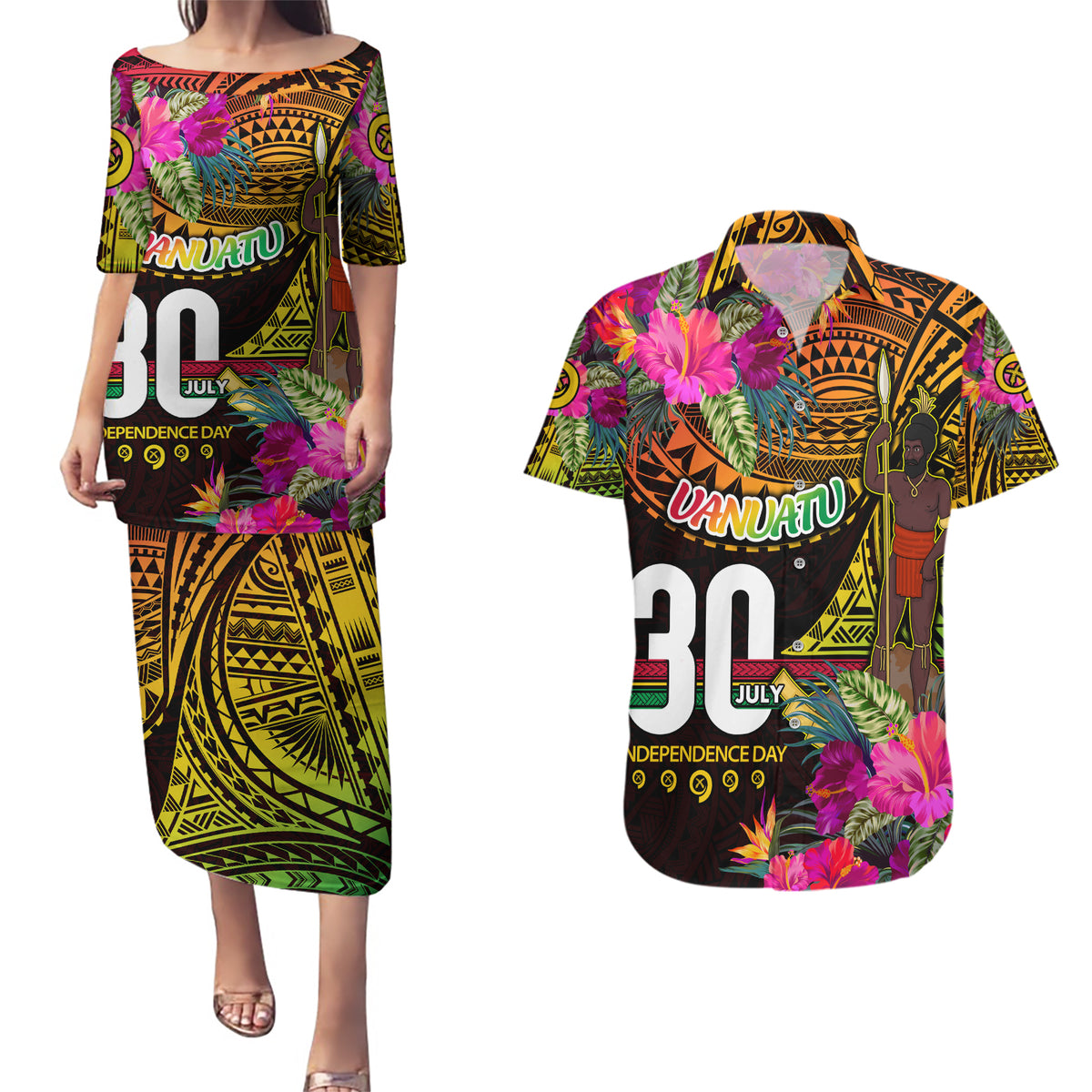Personalised Vanuatu Independence Day 30 July Couples Matching Puletasi and Hawaiian Shirt Hibiscus Polynesian Pattern