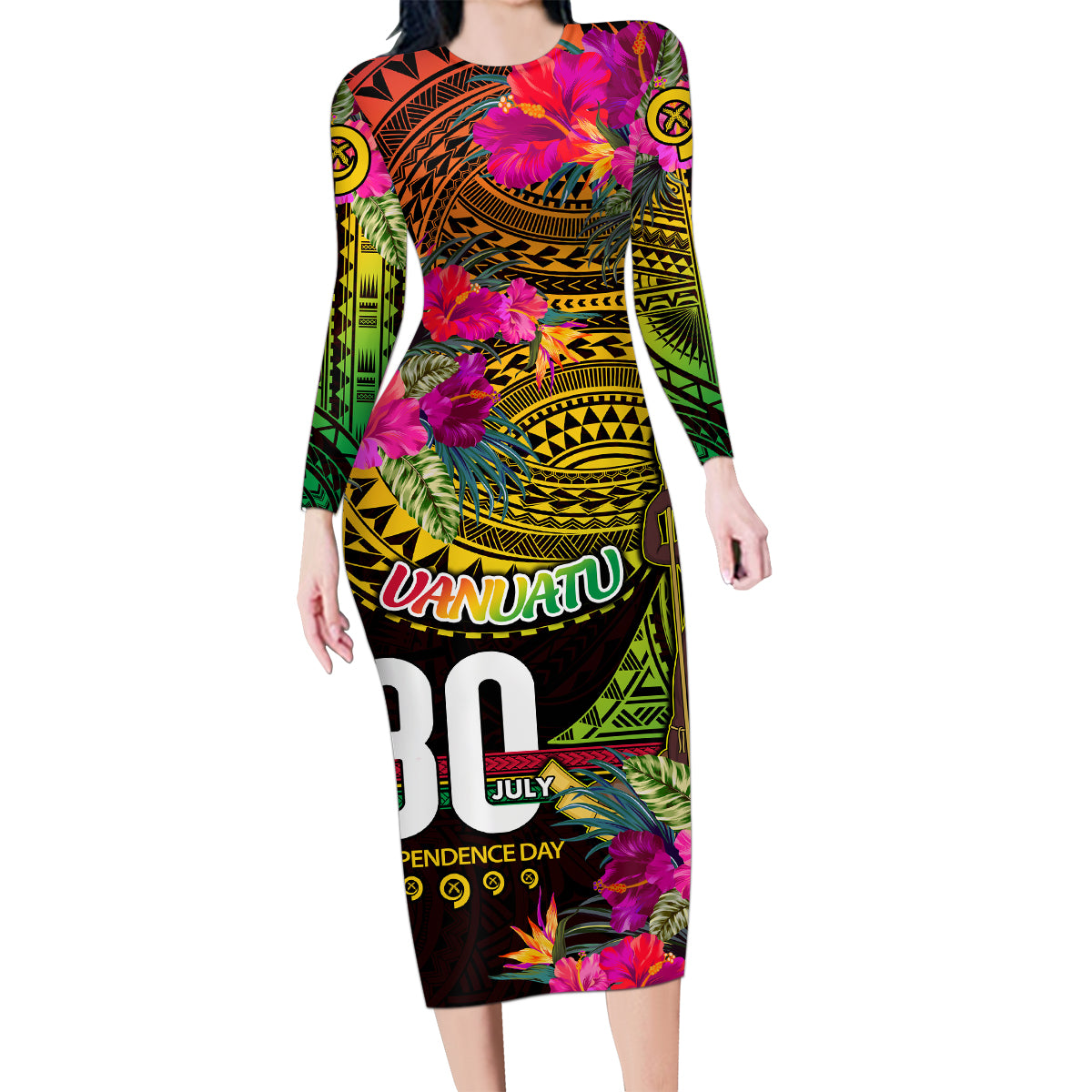 Personalised Vanuatu Independence Day 30 July Family Matching Long Sleeve Bodycon Dress and Hawaiian Shirt Hibiscus Polynesian Pattern