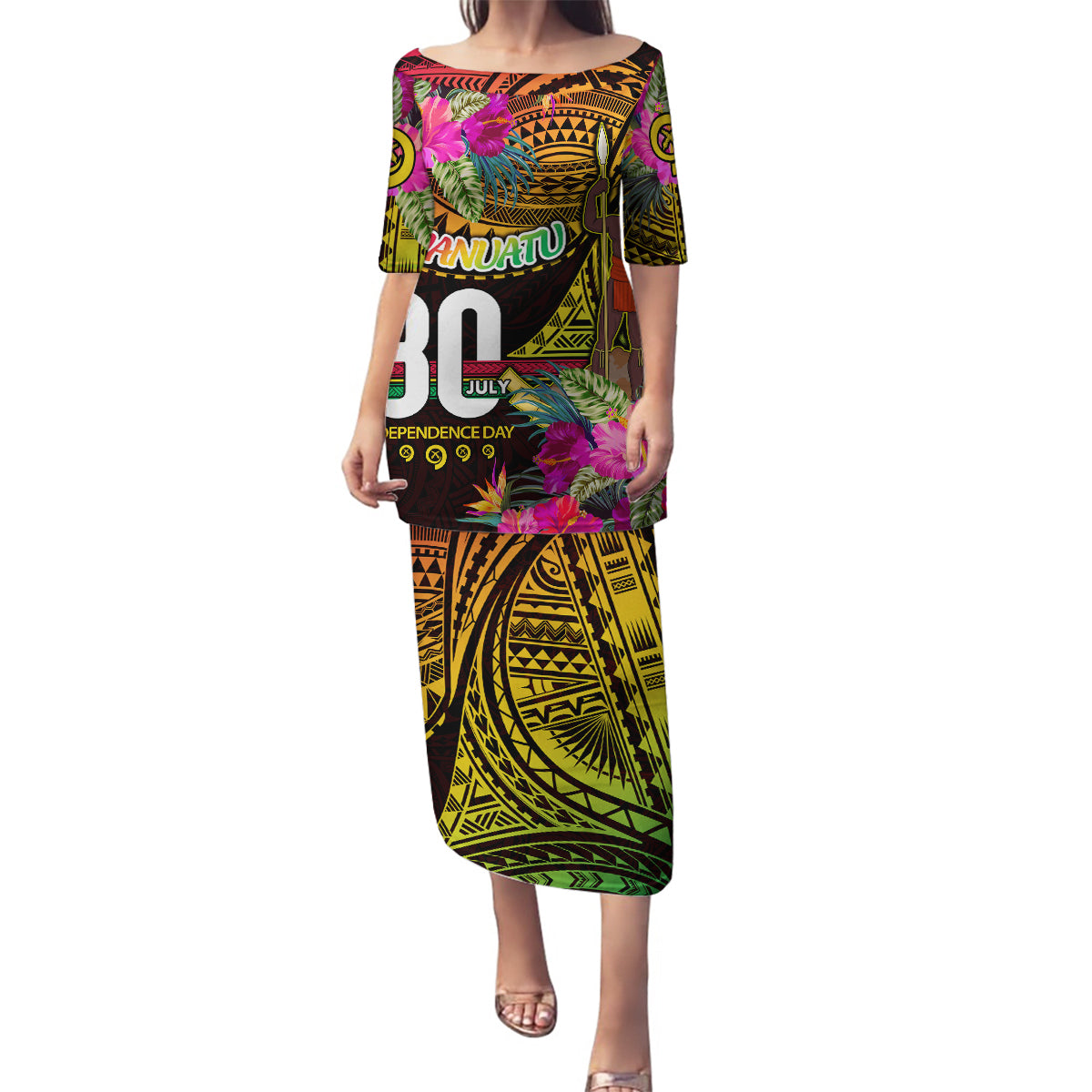 Personalised Vanuatu Independence Day 30 July Family Matching Puletasi and Hawaiian Shirt Hibiscus Polynesian Pattern