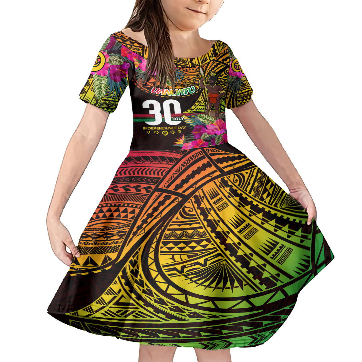 Personalised Vanuatu Independence Day 30 July Kid Short Sleeve Dress Hibiscus Polynesian Pattern DT02 KID Yellow - Polynesian Pride