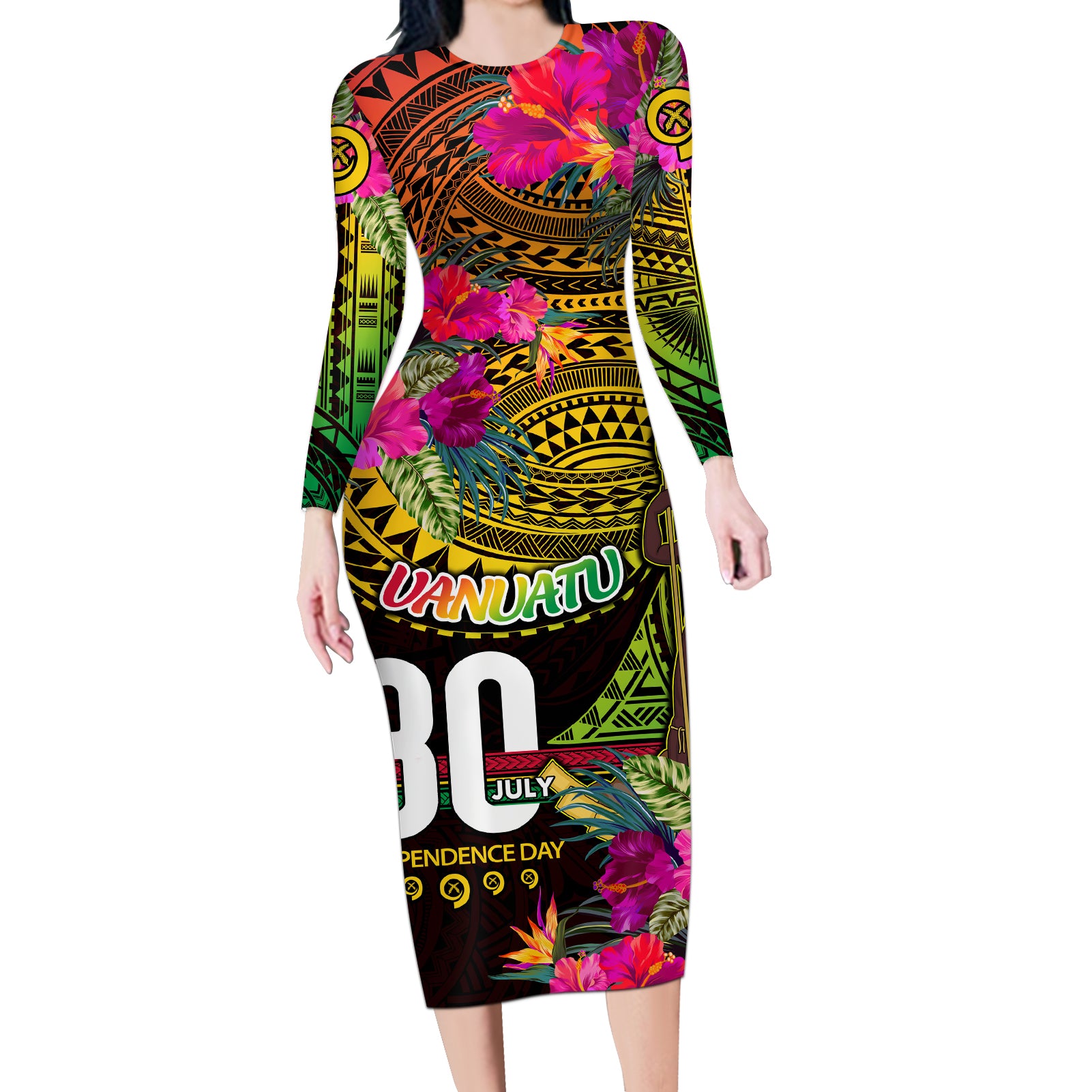 Personalised Vanuatu Independence Day 30 July Long Sleeve Bodycon Dress Hibiscus Polynesian Pattern