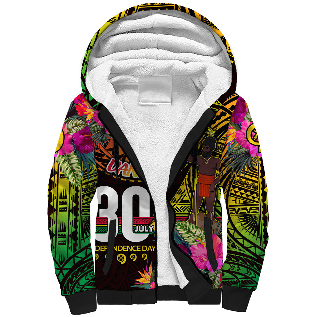 Personalised Vanuatu Independence Day 30 July Sherpa Hoodie Hibiscus Polynesian Pattern