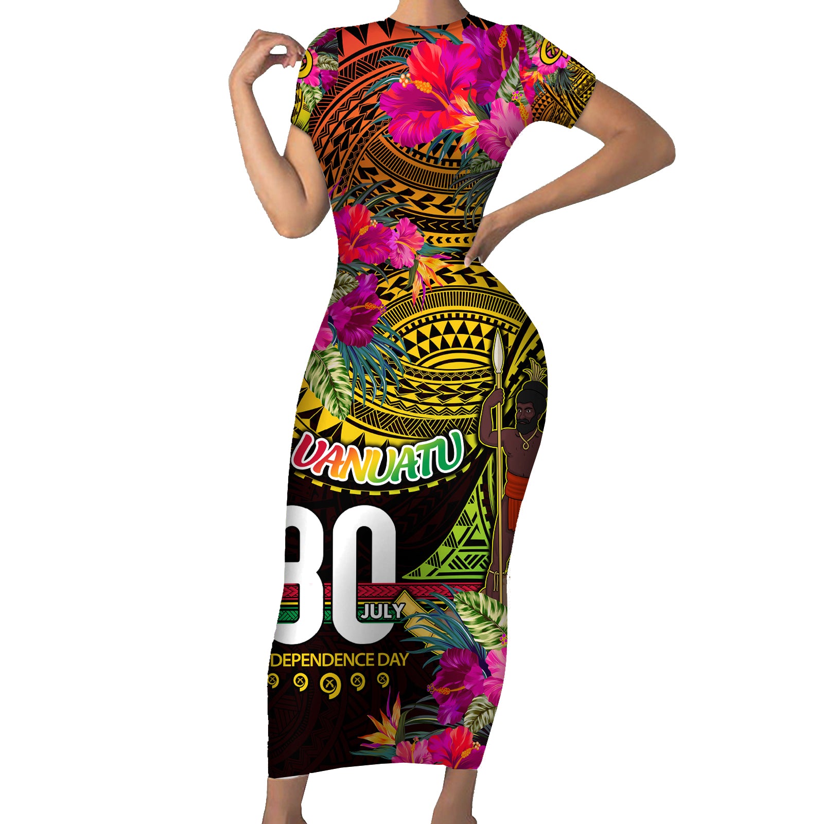 Personalised Vanuatu Independence Day 30 July Short Sleeve Bodycon Dress Hibiscus Polynesian Pattern