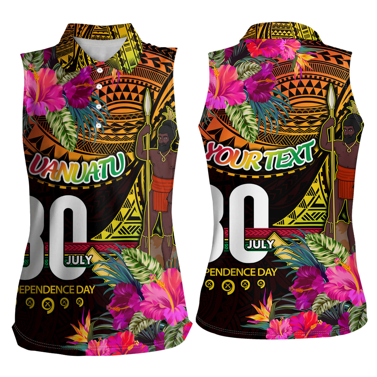 Personalised Vanuatu Independence Day 30 July Women Sleeveless Polo Shirt Hibiscus Polynesian Pattern DT02 - Polynesian Pride