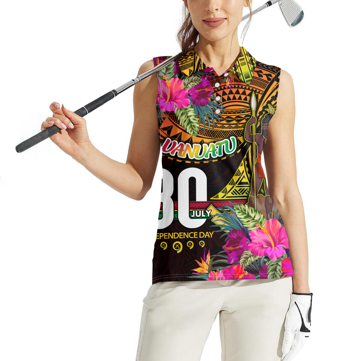 Personalised Vanuatu Independence Day 30 July Women Sleeveless Polo Shirt Hibiscus Polynesian Pattern DT02 - Polynesian Pride