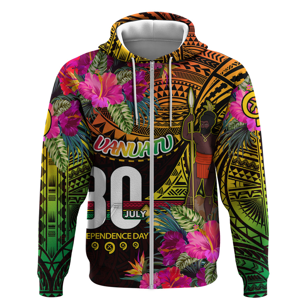 Personalised Vanuatu Independence Day 30 July Zip Hoodie Hibiscus Polynesian Pattern