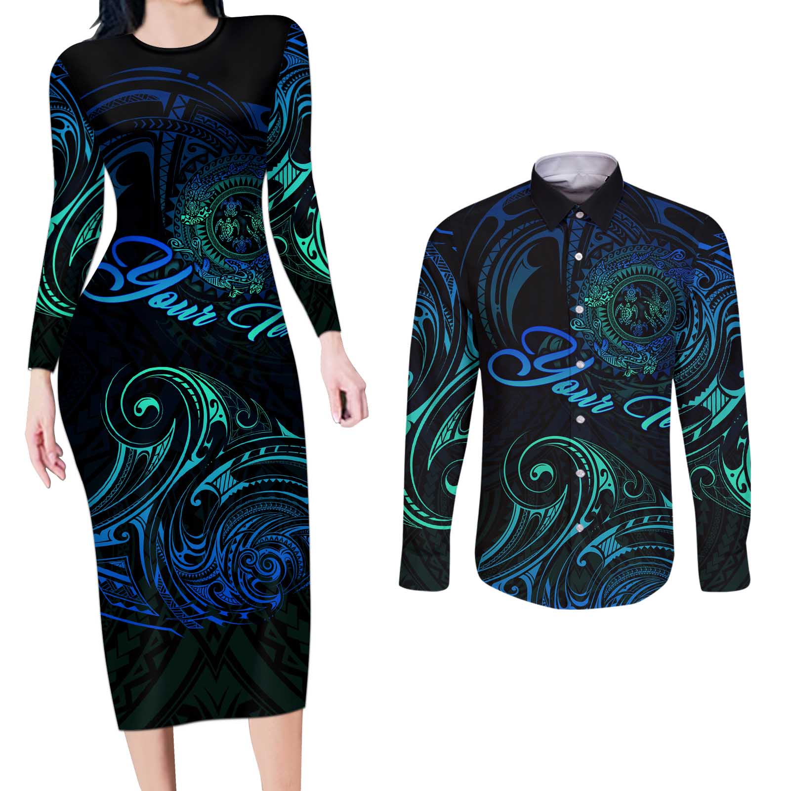 Sea Animal Polynesia Couples Matching Long Sleeve Bodycon Dress and Long Sleeve Button Shirt Polynesian Pattern