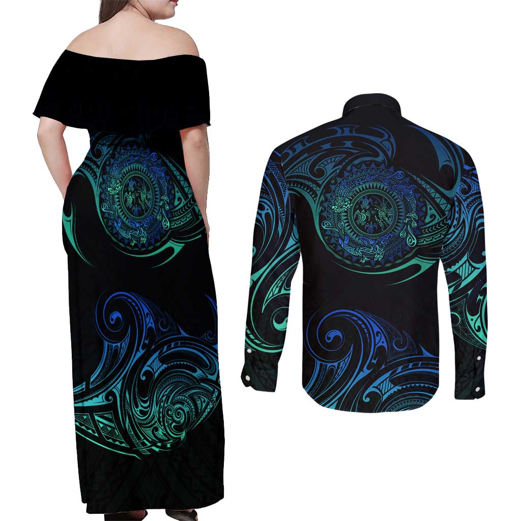 Sea Animal Polynesia Couples Matching Off Shoulder Maxi Dress and Long Sleeve Button Shirt Polynesian Pattern