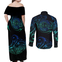 Sea Animal Polynesia Couples Matching Off Shoulder Maxi Dress and Long Sleeve Button Shirt Polynesian Pattern