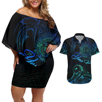 Sea Animal Polynesia Couples Matching Off Shoulder Short Dress and Hawaiian Shirt Polynesian Pattern