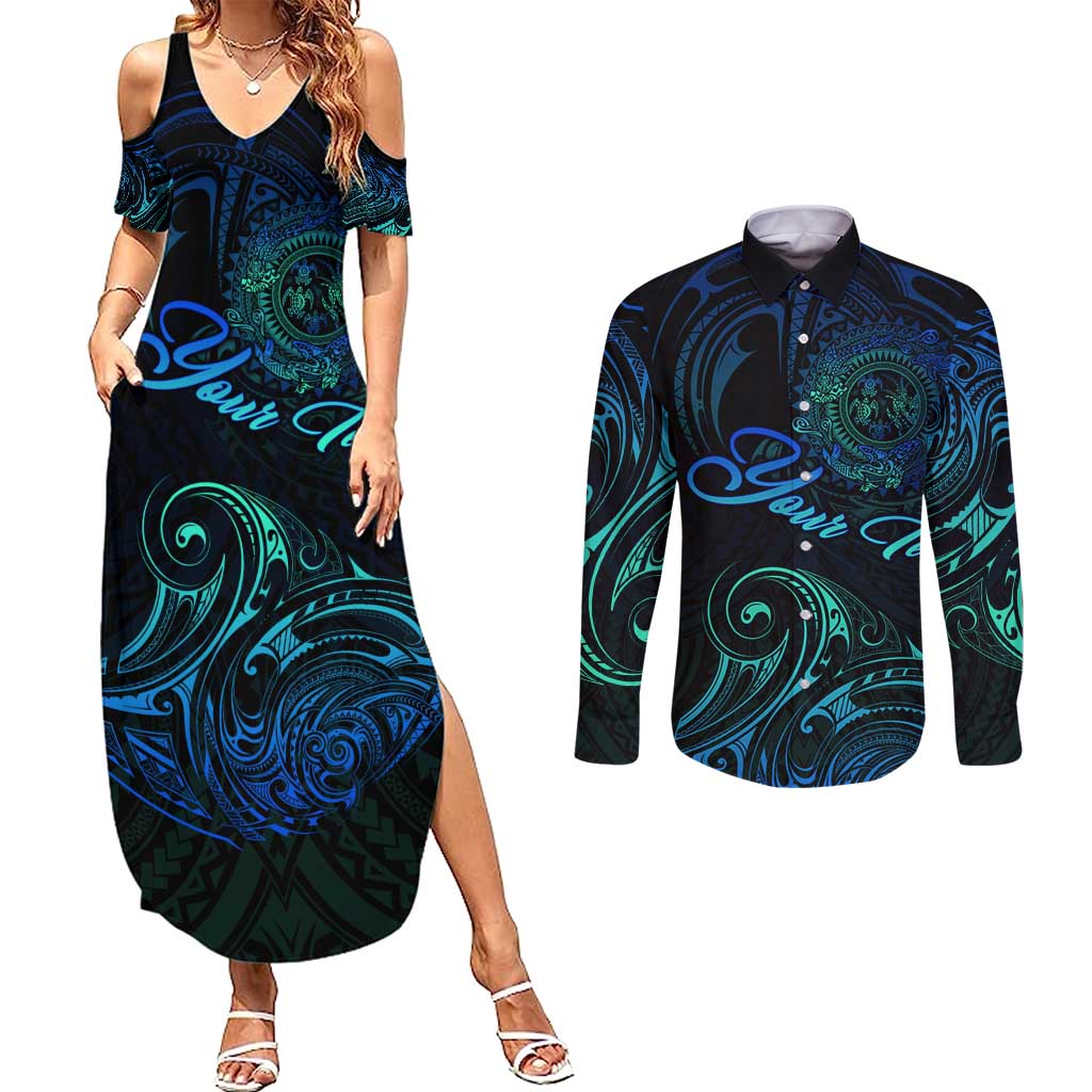 Sea Animal Polynesia Couples Matching Summer Maxi Dress and Long Sleeve Button Shirt Polynesian Pattern