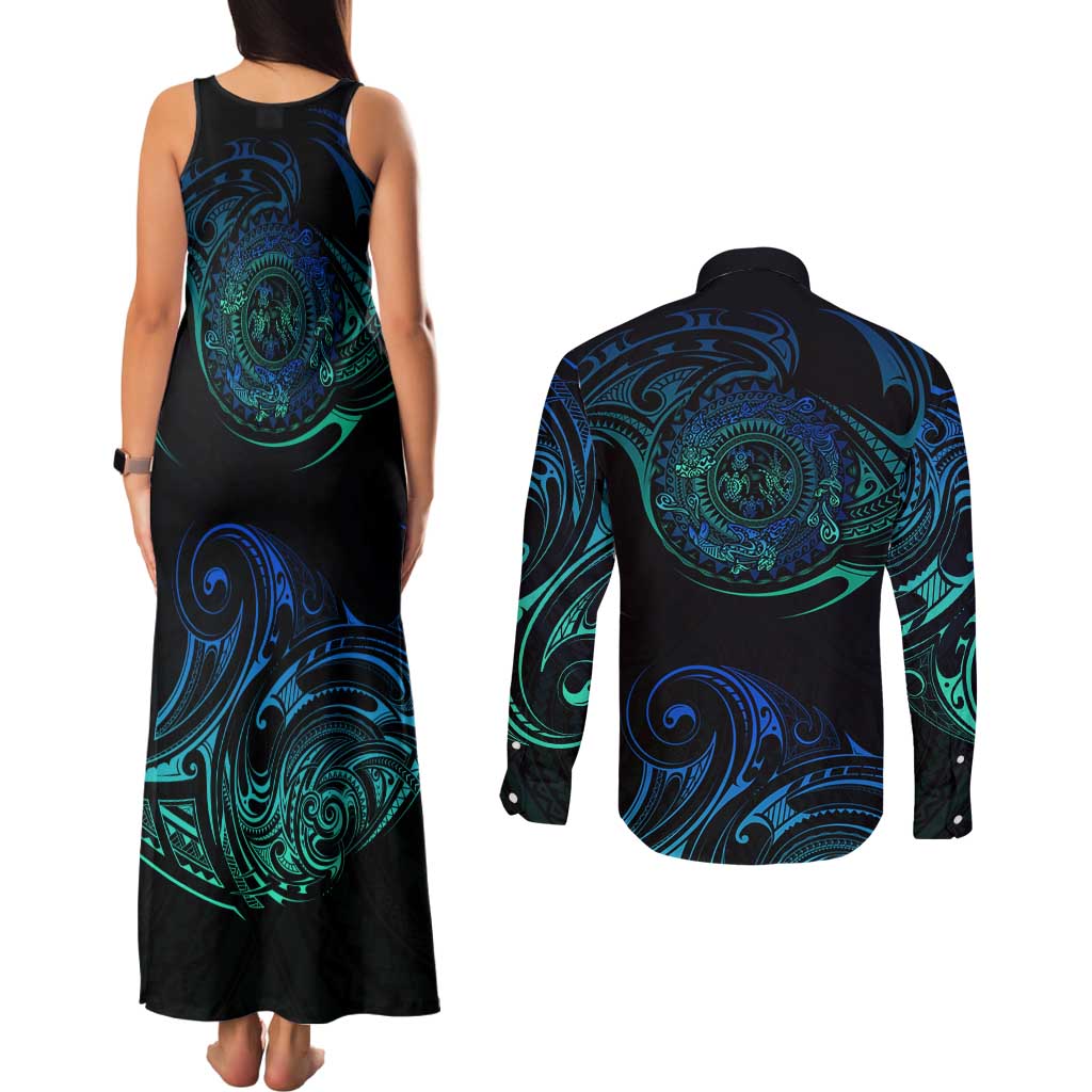 Sea Animal Polynesia Couples Matching Tank Maxi Dress and Long Sleeve Button Shirt Polynesian Pattern