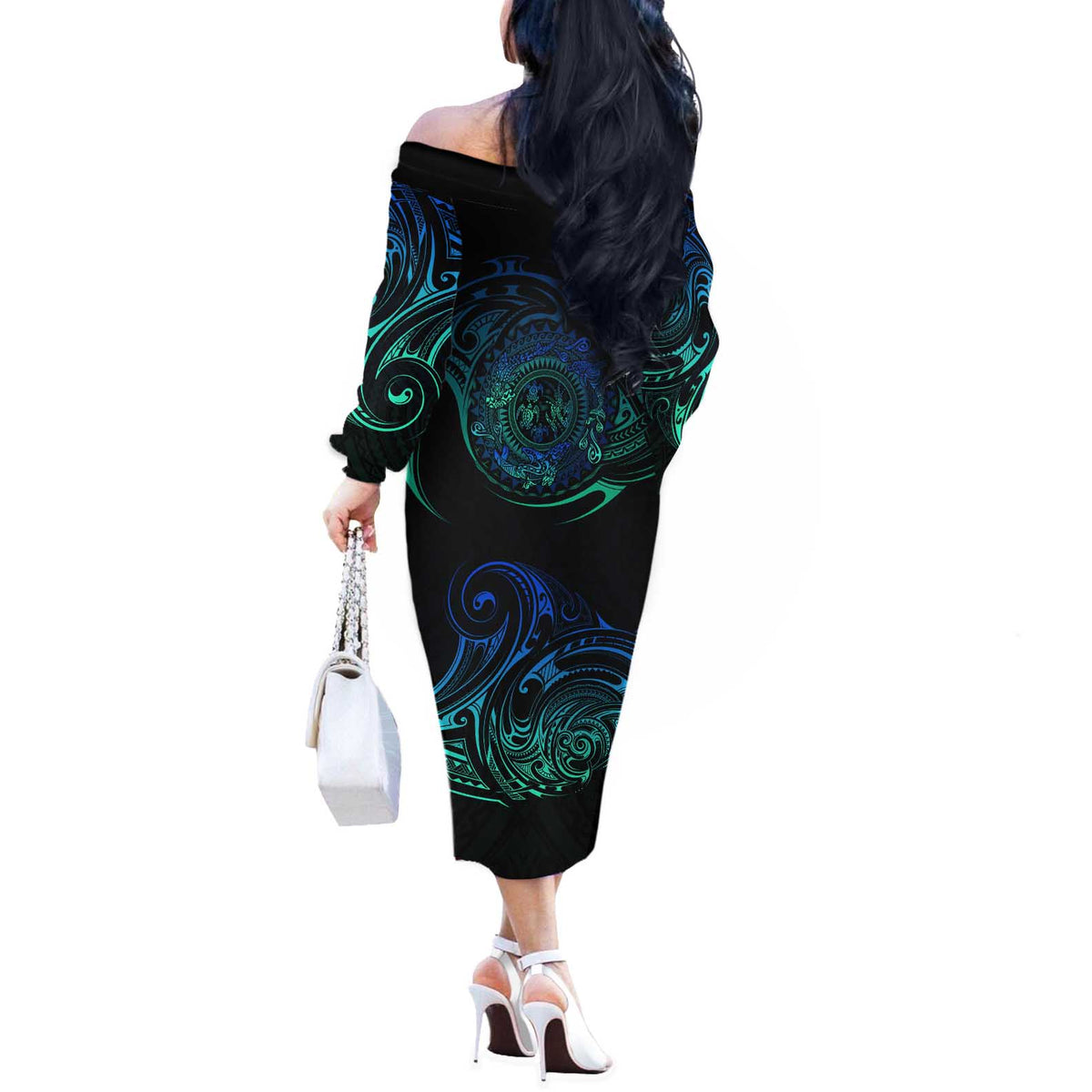 Sea Animal Polynesia Off The Shoulder Long Sleeve Dress Polynesian Pattern