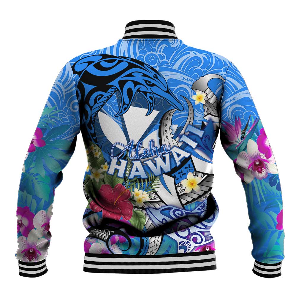 Aloha Hawaii Baseball Jacket Dolphins and Fish Hook Hibiscus