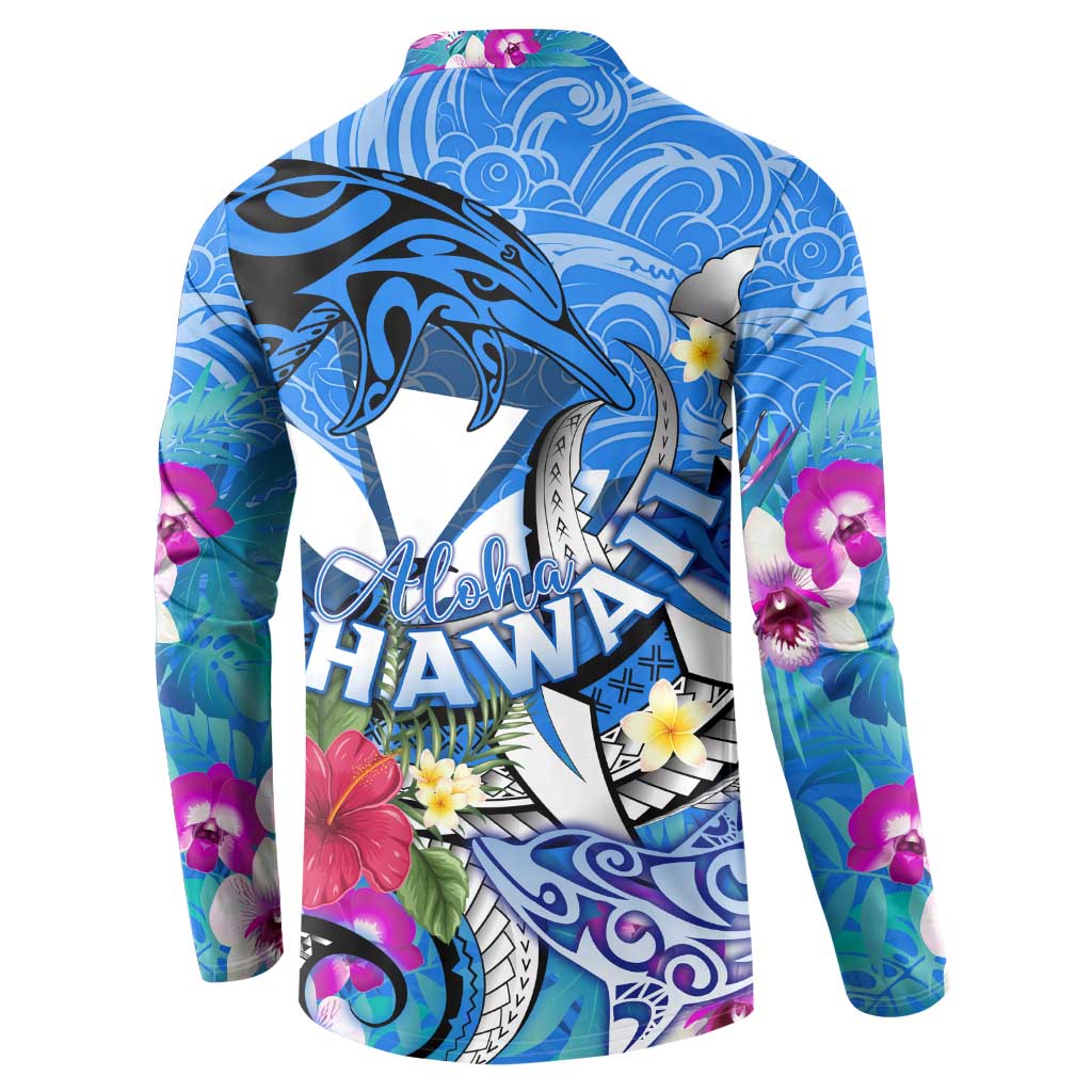 Aloha Hawaii Button Sweatshirt Dolphins and Fish Hook Hibiscus