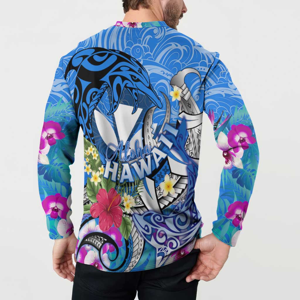 Aloha Hawaii Button Sweatshirt Dolphins and Fish Hook Hibiscus
