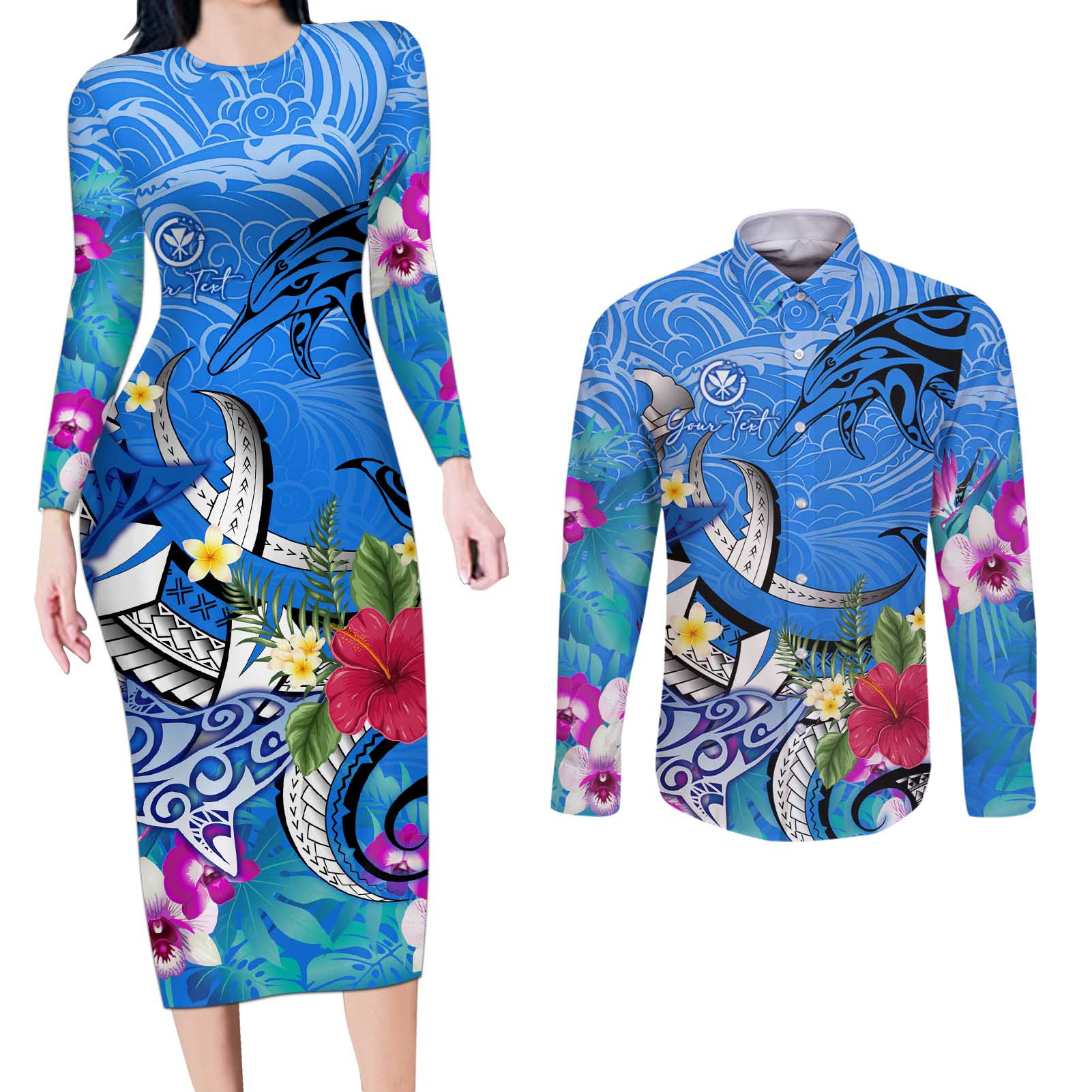Aloha Hawaii Couples Matching Long Sleeve Bodycon Dress and Long Sleeve Button Shirt Dolphins and Fish Hook Hibiscus