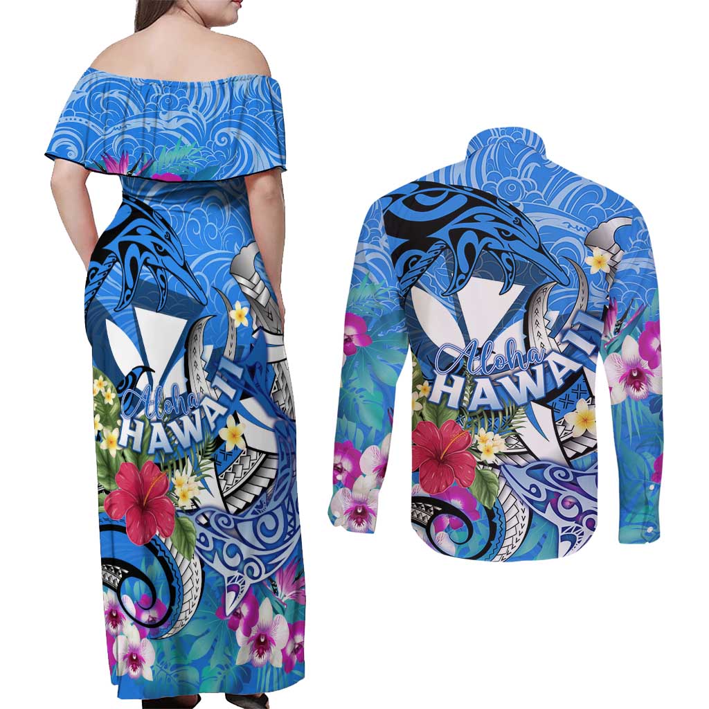 Aloha Hawaii Couples Matching Off Shoulder Maxi Dress and Long Sleeve Button Shirt Dolphins and Fish Hook Hibiscus