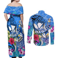Aloha Hawaii Couples Matching Off Shoulder Maxi Dress and Long Sleeve Button Shirt Dolphins and Fish Hook Hibiscus
