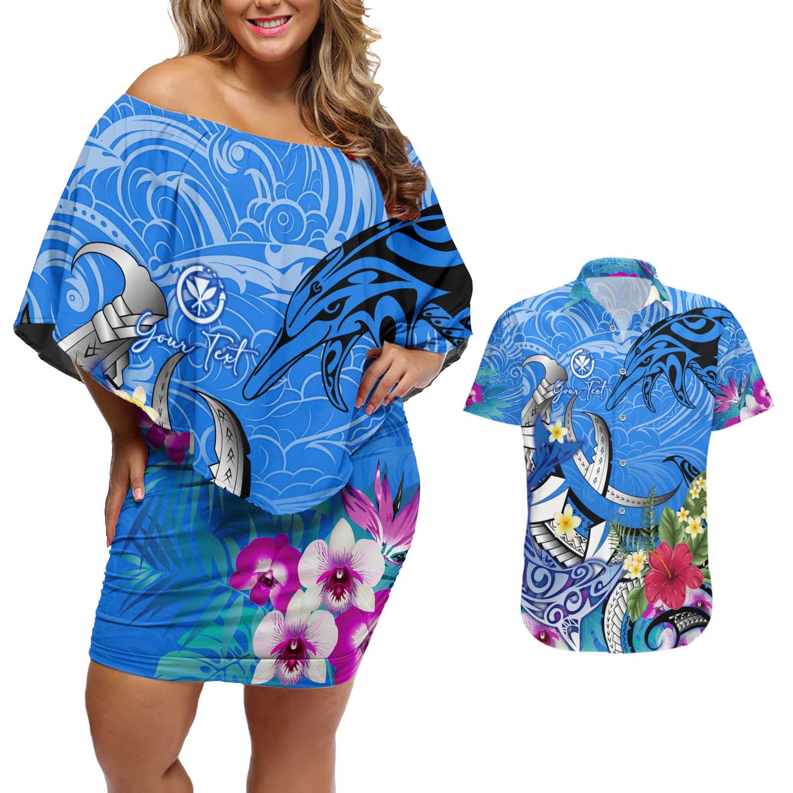 Aloha Hawaii Couples Matching Off Shoulder Short Dress and Hawaiian Shirt Dolphins and Fish Hook Hibiscus