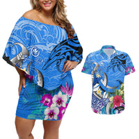 Aloha Hawaii Couples Matching Off Shoulder Short Dress and Hawaiian Shirt Dolphins and Fish Hook Hibiscus