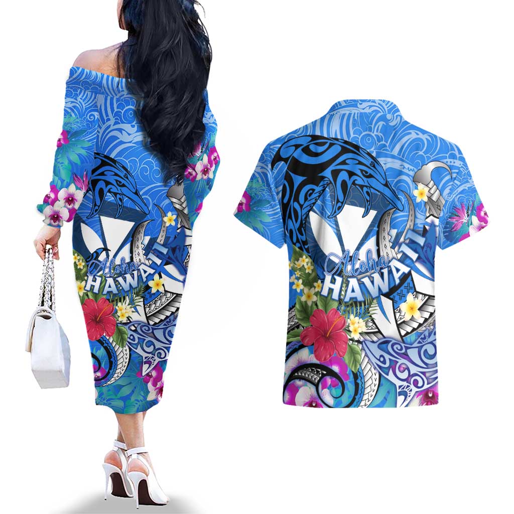 Aloha Hawaii Couples Matching Off The Shoulder Long Sleeve Dress and Hawaiian Shirt Dolphins and Fish Hook Hibiscus