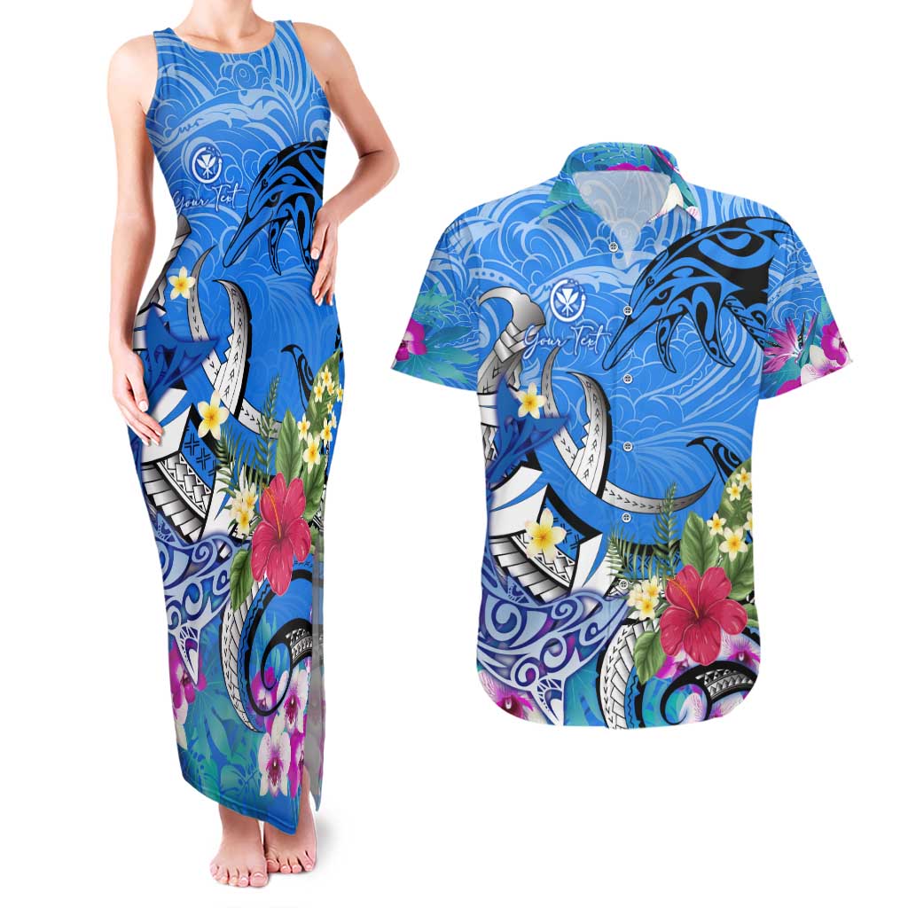 Aloha Hawaii Couples Matching Tank Maxi Dress and Hawaiian Shirt Dolphins and Fish Hook Hibiscus