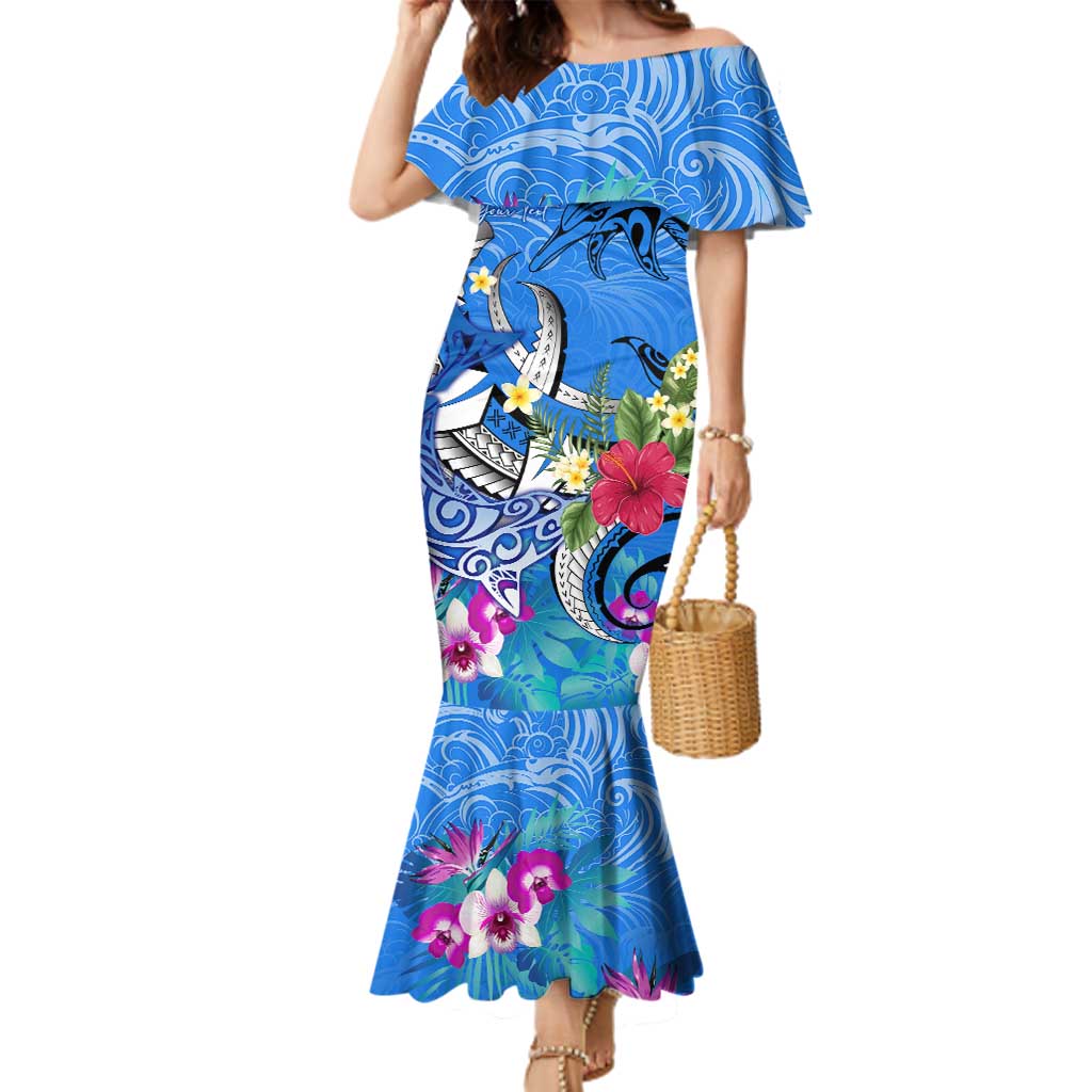 Aloha Hawaii Family Matching Mermaid Dress and Hawaiian Shirt Dolphins and Fish Hook Hibiscus