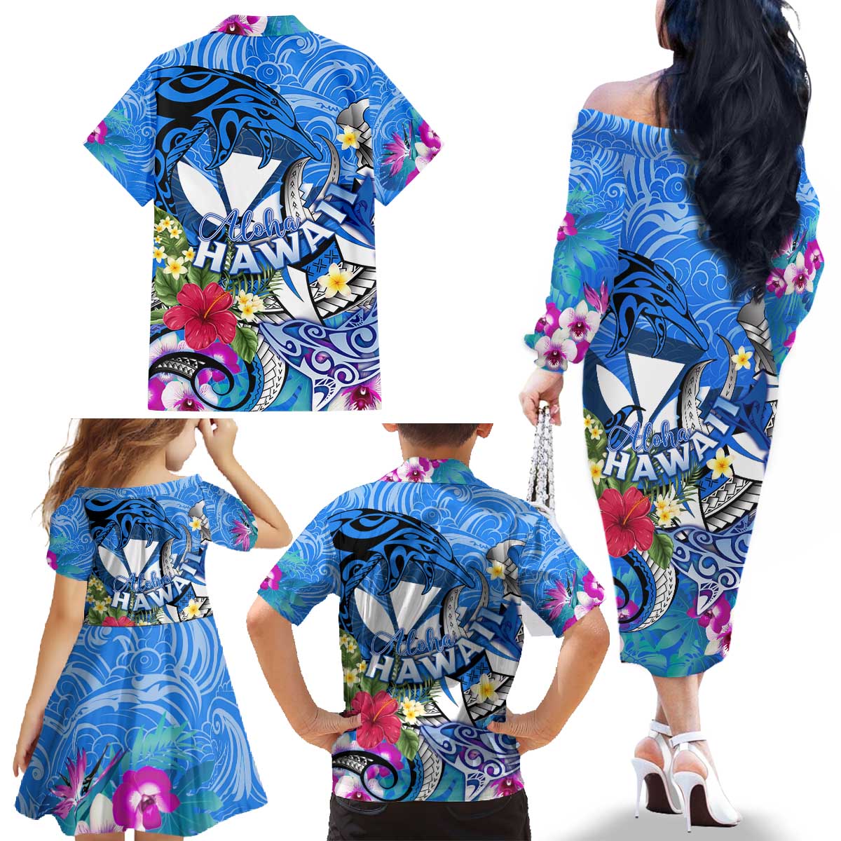 Aloha Hawaii Family Matching Off The Shoulder Long Sleeve Dress and Hawaiian Shirt Dolphins and Fish Hook Hibiscus