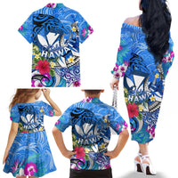 Aloha Hawaii Family Matching Off The Shoulder Long Sleeve Dress and Hawaiian Shirt Dolphins and Fish Hook Hibiscus