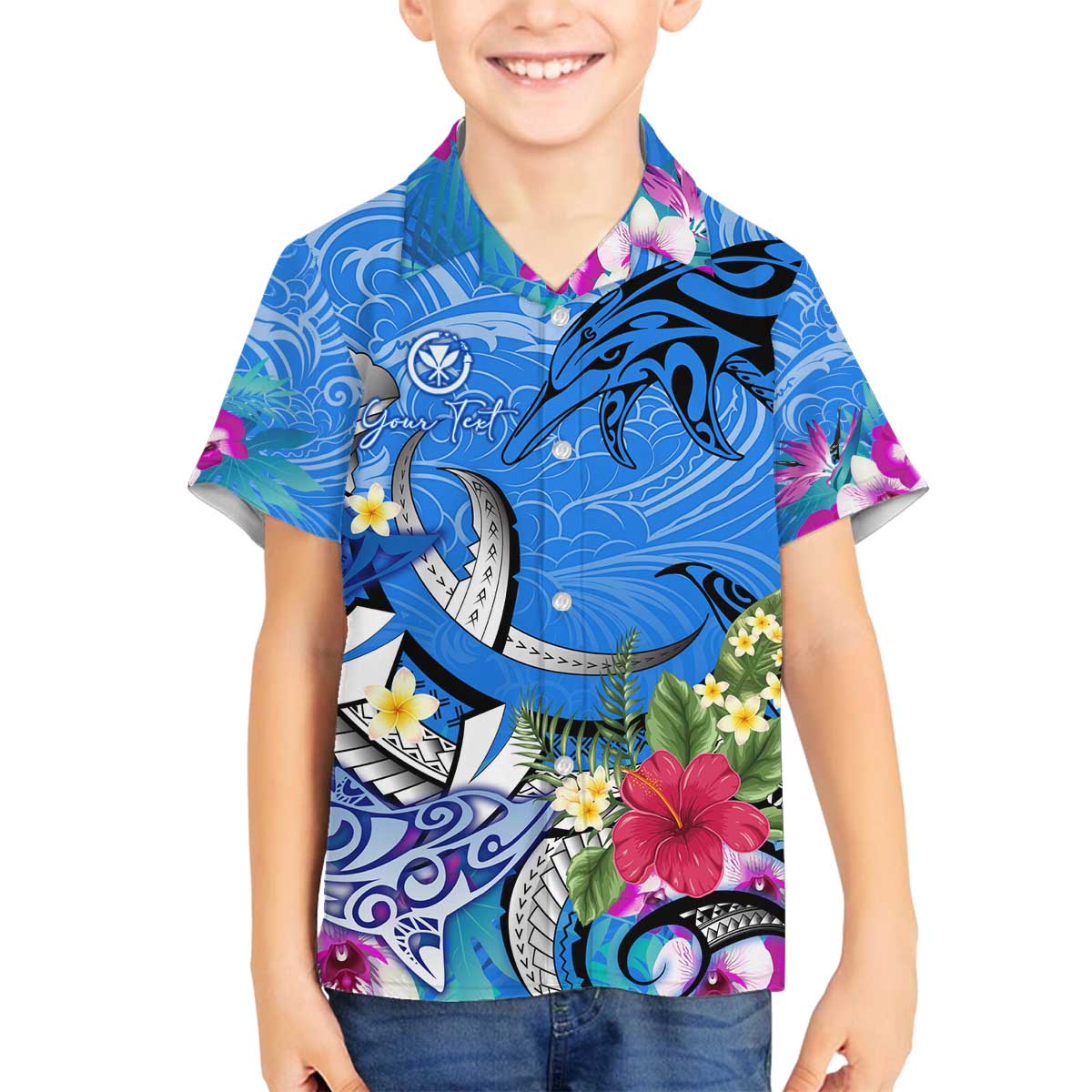 Aloha Hawaii Family Matching Off Shoulder Short Dress and Hawaiian Shirt Dolphins and Fish Hook Hibiscus
