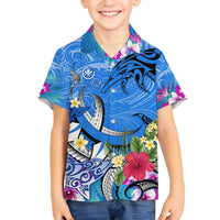 Aloha Hawaii Family Matching Off Shoulder Short Dress and Hawaiian Shirt Dolphins and Fish Hook Hibiscus
