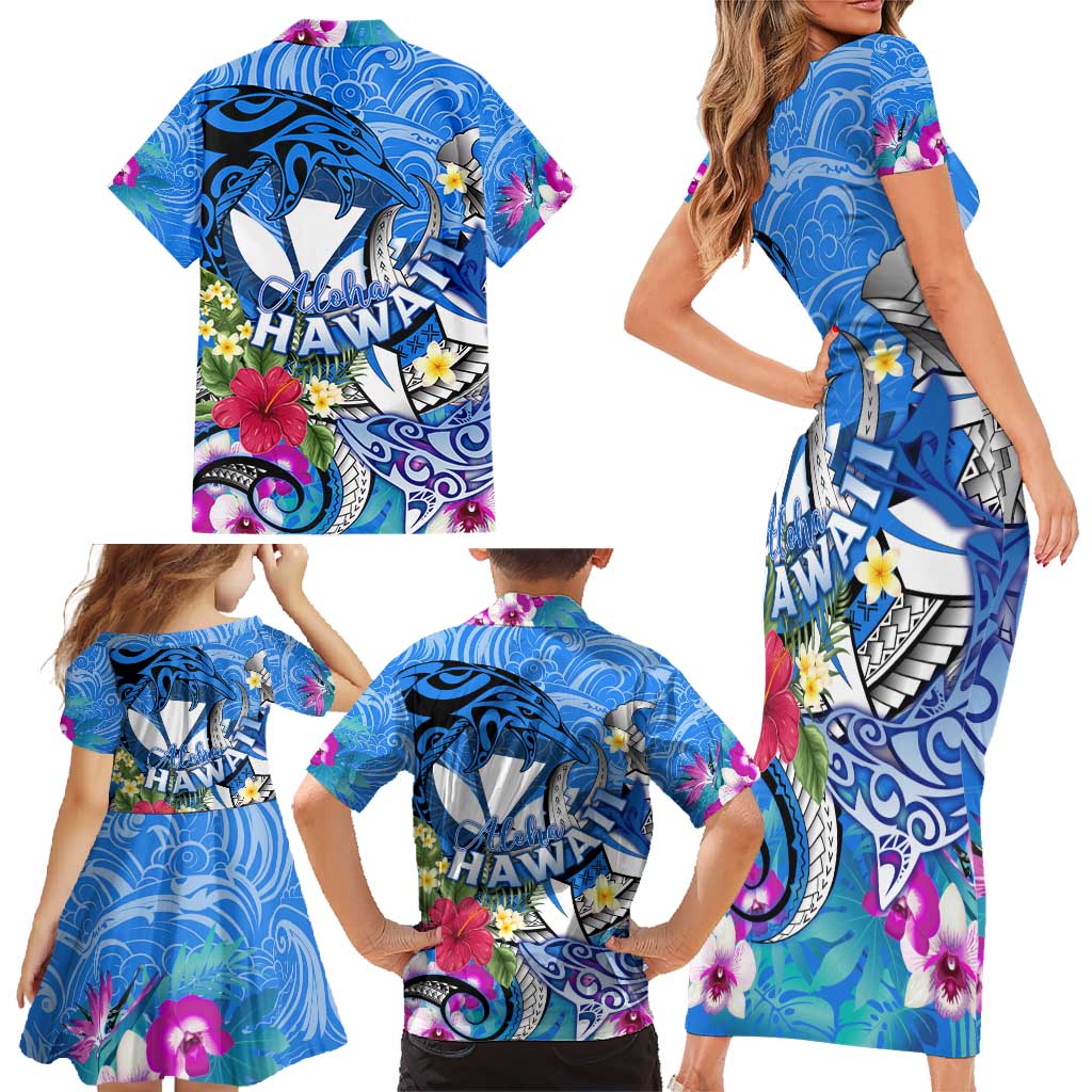 Aloha Hawaii Family Matching Short Sleeve Bodycon Dress and Hawaiian Shirt Dolphins and Fish Hook Hibiscus