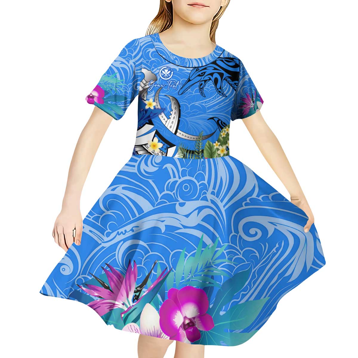 Aloha Hawaii Kid Short Sleeve Dress Dolphins and Fish Hook Hibiscus
