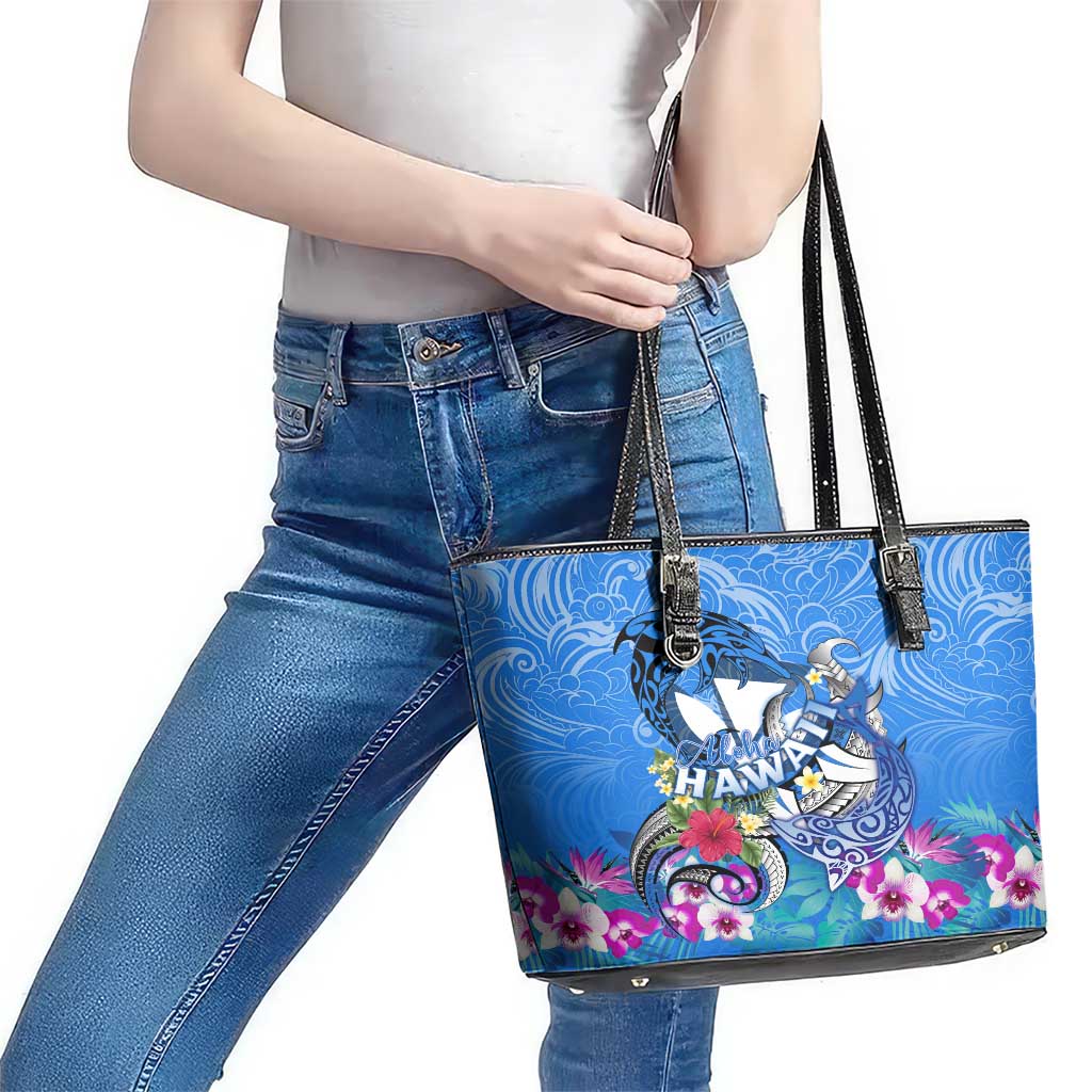 Aloha Hawaii Leather Tote Bag Dolphins and Fish Hook Hibiscus