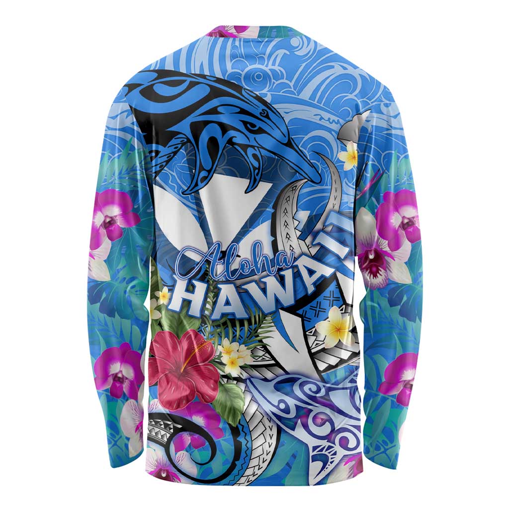 Aloha Hawaii Long Sleeve Shirt Dolphins and Fish Hook Hibiscus