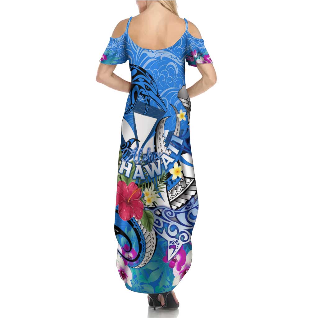 Aloha Hawaii Summer Maxi Dress Dolphins and Fish Hook Hibiscus
