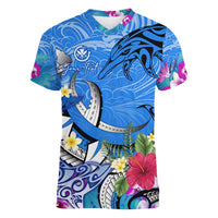 Aloha Hawaii Women V-Neck T-Shirt Dolphins and Fish Hook Hibiscus DT02 Female Blue - Polynesian Pride