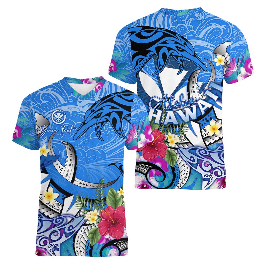 Aloha Hawaii Women V-Neck T-Shirt Dolphins and Fish Hook Hibiscus DT02 - Polynesian Pride
