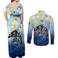 Mother And Baby Dolphins Couples Matching Off Shoulder Maxi Dress and Long Sleeve Button Shirt Hawaii Hibiscus