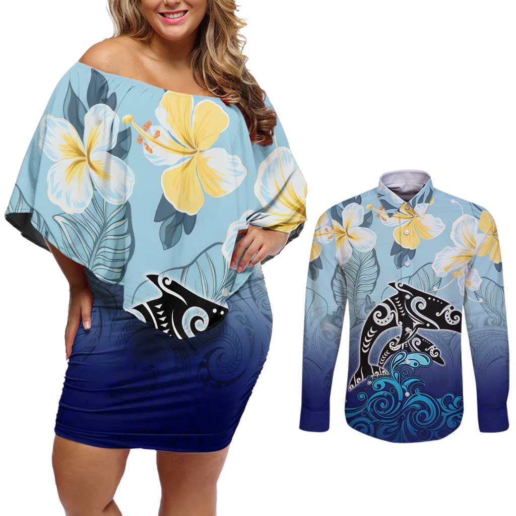 Mother And Baby Dolphins Couples Matching Off Shoulder Short Dress and Long Sleeve Button Shirt Hawaii Hibiscus