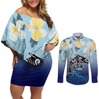 Mother And Baby Dolphins Couples Matching Off Shoulder Short Dress and Long Sleeve Button Shirt Hawaii Hibiscus