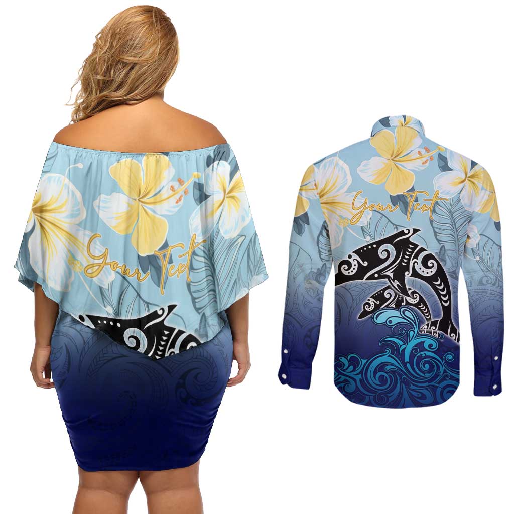 Mother And Baby Dolphins Couples Matching Off Shoulder Short Dress and Long Sleeve Button Shirt Hawaii Hibiscus