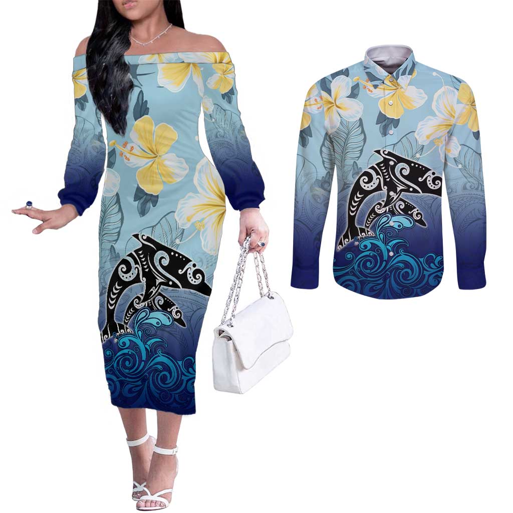 Mother And Baby Dolphins Couples Matching Off The Shoulder Long Sleeve Dress and Long Sleeve Button Shirt Hawaii Hibiscus