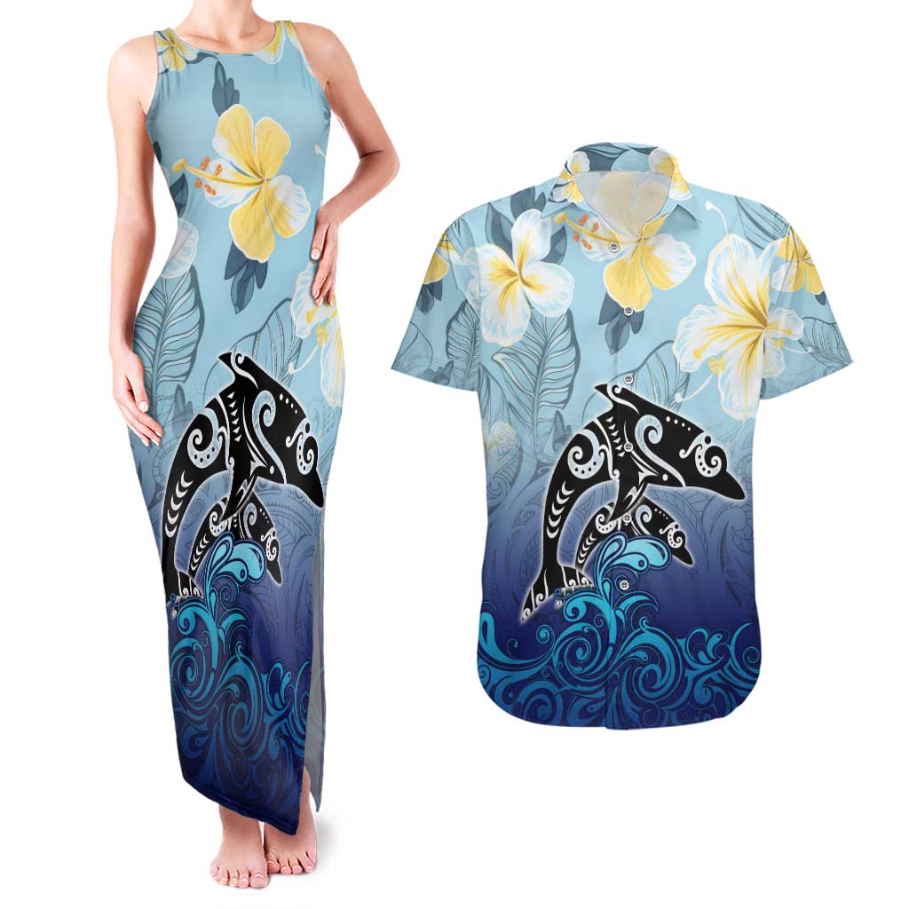 Mother And Baby Dolphins Couples Matching Tank Maxi Dress and Hawaiian Shirt Hawaii Hibiscus