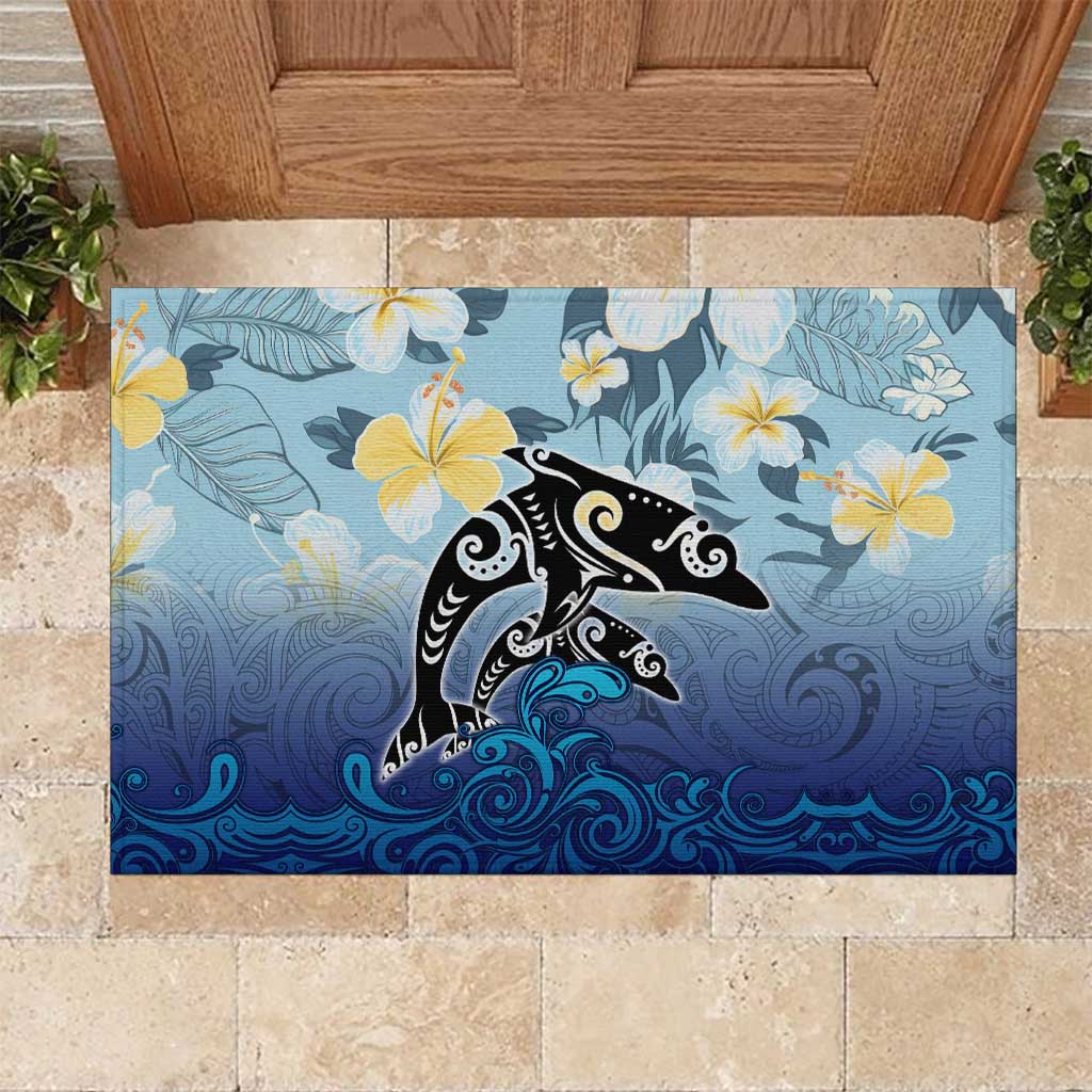 Mother And Baby Dolphins Rubber Doormat Hawaii Hibiscus