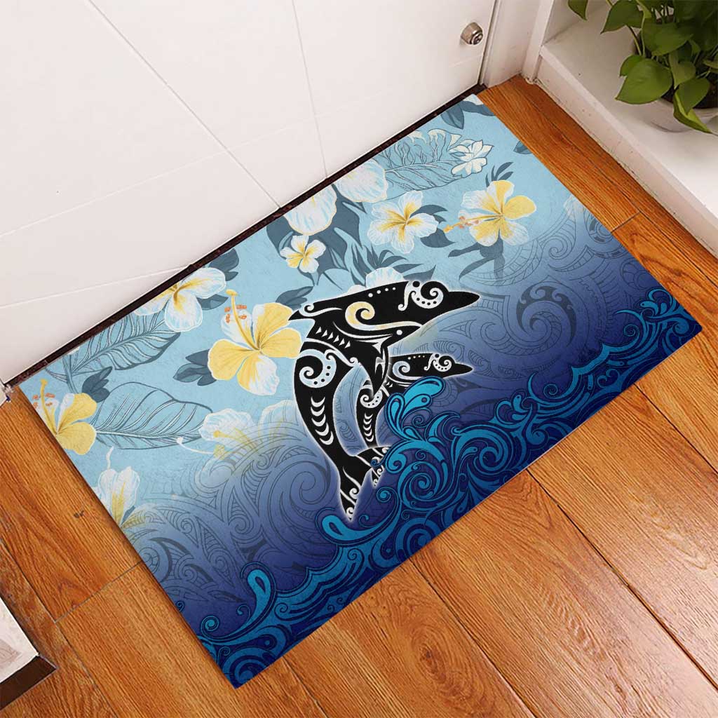 Mother And Baby Dolphins Rubber Doormat Hawaii Hibiscus