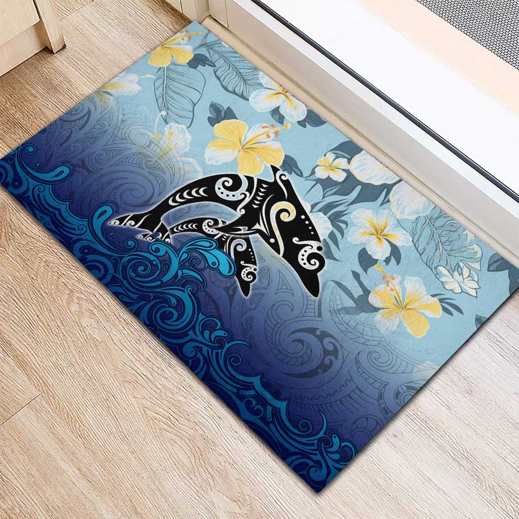 Mother And Baby Dolphins Rubber Doormat Hawaii Hibiscus
